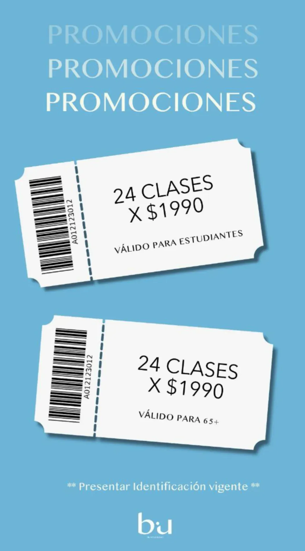 Promociones: 24 clases por $1,990 válido para estudiantes y 24 clases por $1,990 válido para personas de 65 años o más. Presentar identificación vigente.