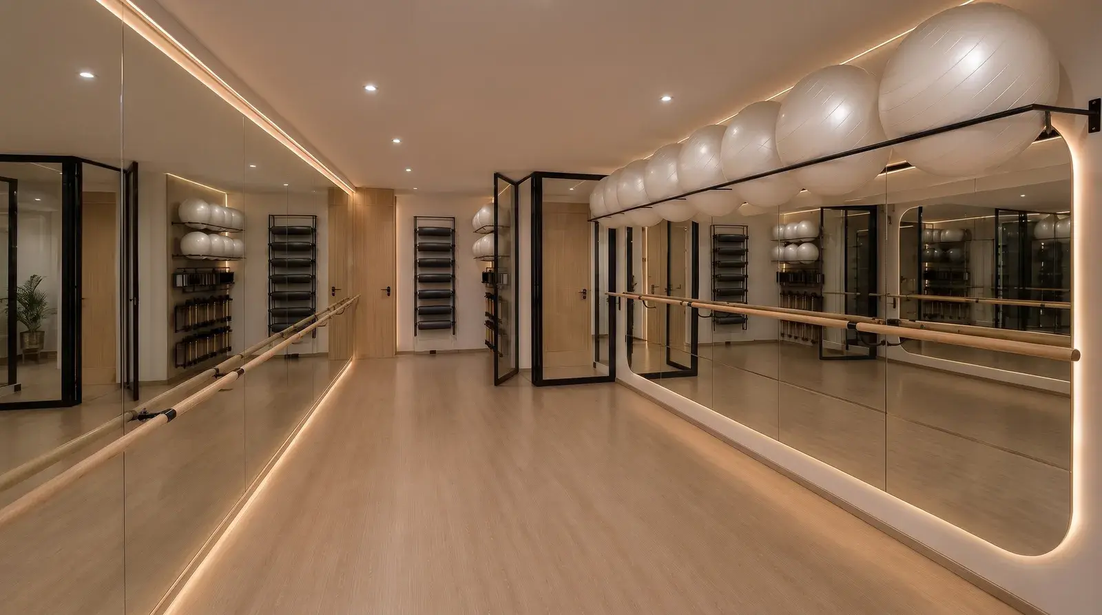 Sala de barré con espejos, barras de madera y pelotas de pilates