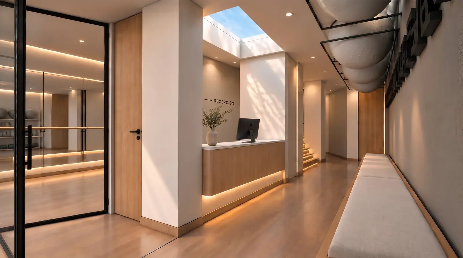 Recepción del estudio con luz natural y detalles en madera