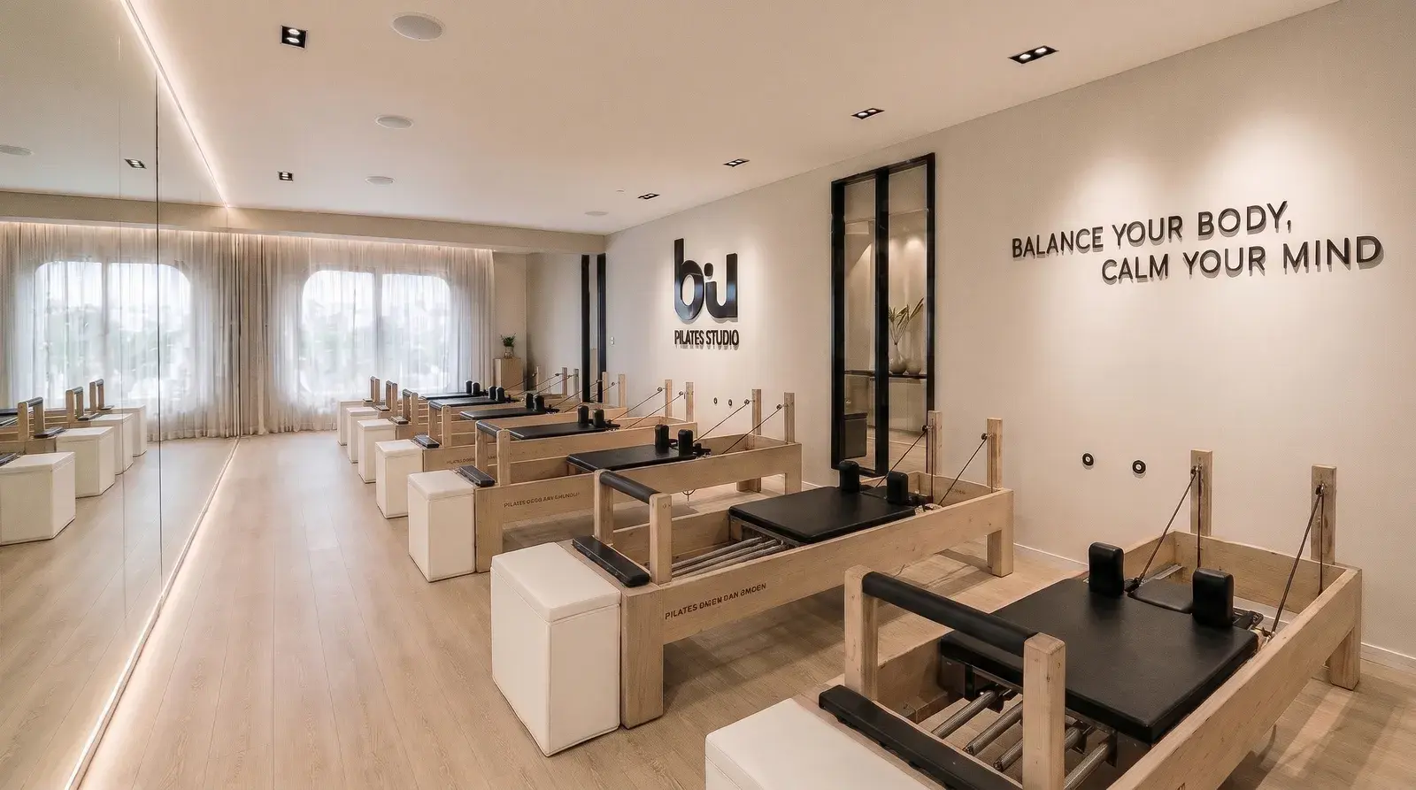 Sala amplia de reformers con ventanales y la frase Balance your body, calm your mind