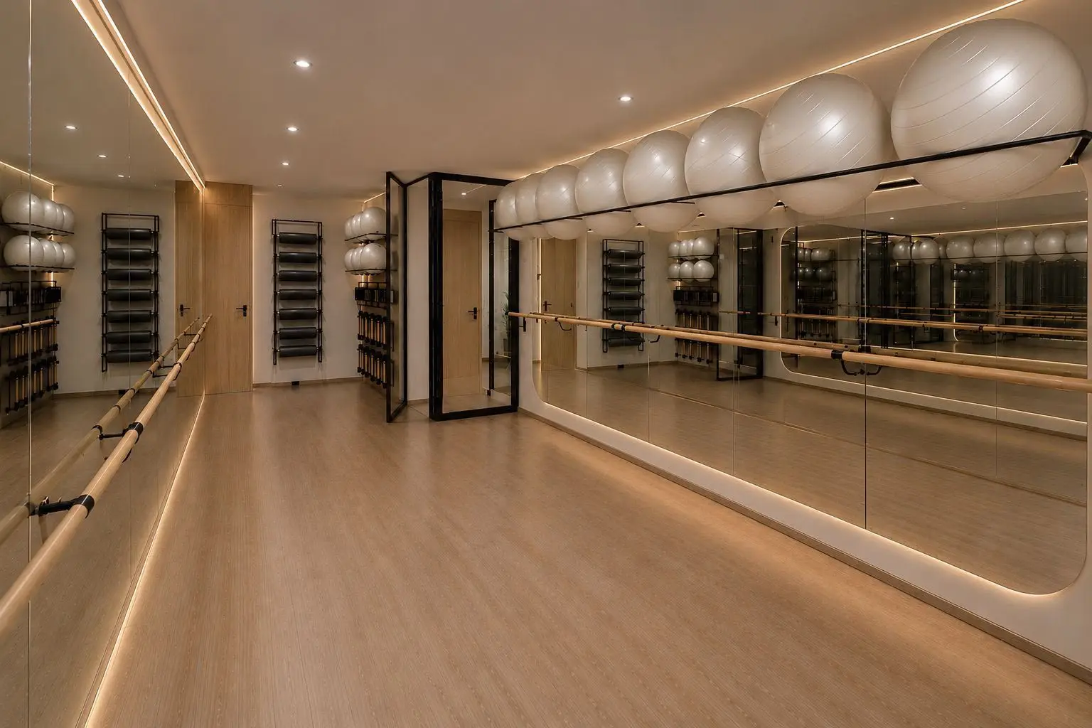 Sala de barré con espejos, barras de madera y luz cálida